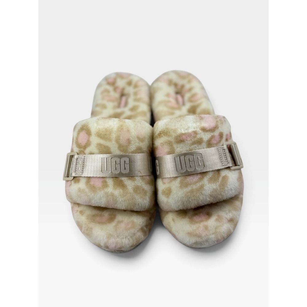 UGG Fluffita Panther Print Slide Womens 9 White Pink Leopard Platform Excellent